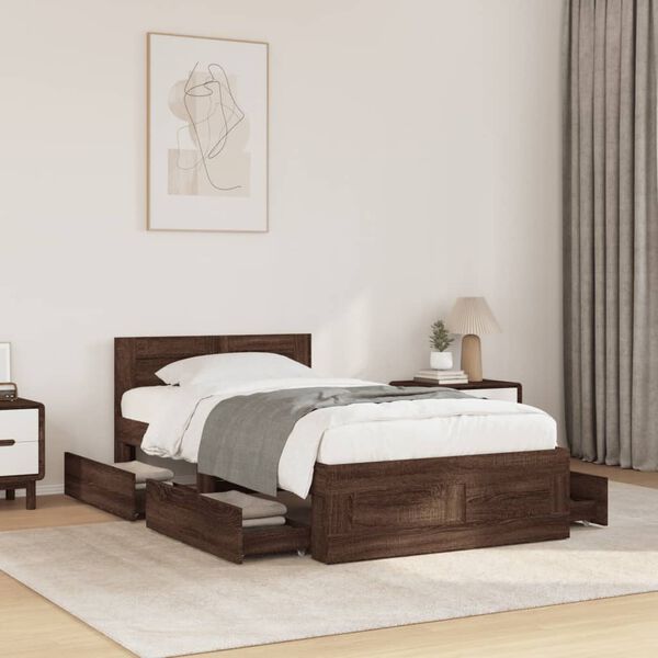 vidaXL Cama con cabecero madera de ingenier&iacute;a marr&oacute;n roble 90x200 cm
