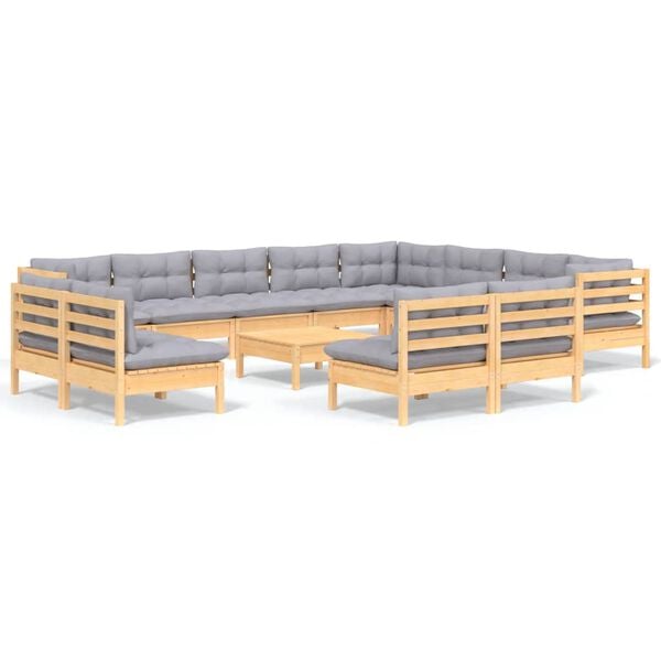 vidaXL Muebles de jardín 13 pzas y cojines gris madera maciza pino