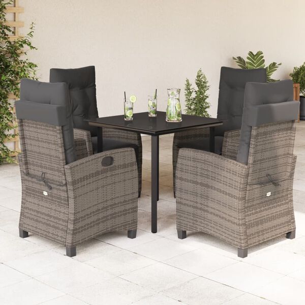 vidaXL Set comedor de jard&iacute;n 5 piezas con cojines rat&aacute;n sint&eacute;tico gris
