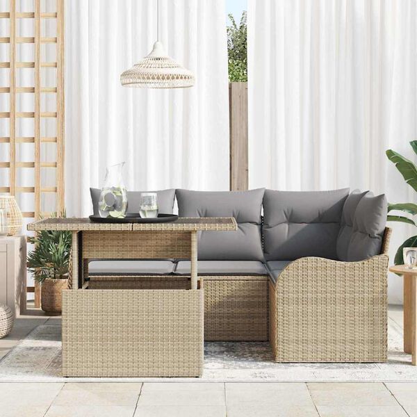 vidaXL Conjunto de sof&aacute; de jard&iacute;n 5 pcs Beige Rattan de Poli&eacute;ster