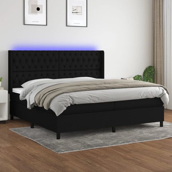 vidaXL Cama box spring colch&oacute;n y luces LED tela negro 200x200 cm