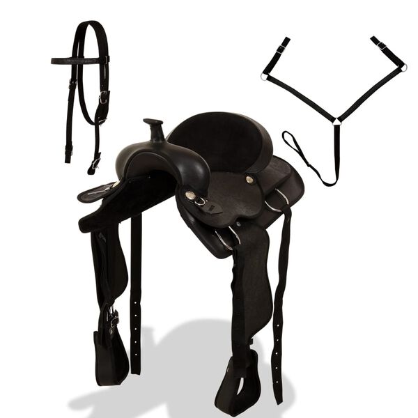 vidaXL Montura occidental, cabezada y pechera cuero real 16" negra