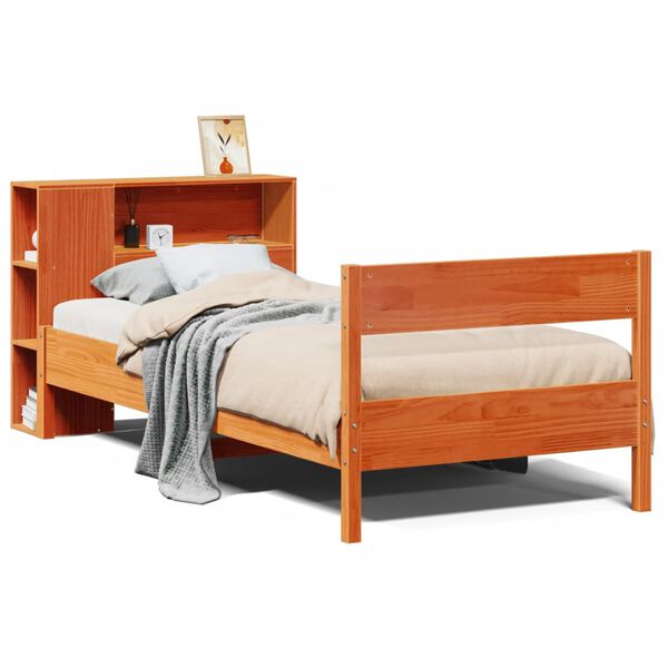 vidaXL Cama con estanter&iacute;a sin colch&oacute;n madera maciza marr&oacute;n 75x190 cm