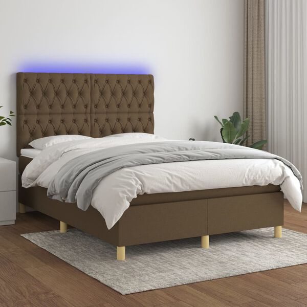 vidaXL Cama box spring colch&oacute;n luces LED tela marr&oacute;n oscuro 140x190 cm