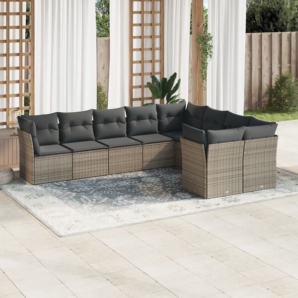 vidaXL Set de muebles de jardín 9 pzas y cojines ratán sintético gris