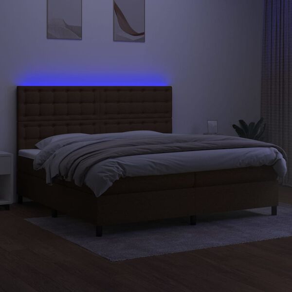 vidaXL Cama box spring colch&oacute;n luces LED tela marr&oacute;n oscuro 200x200 cm