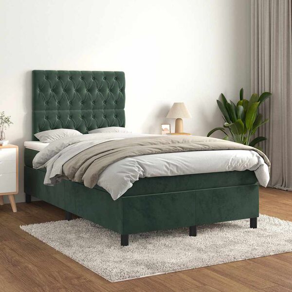 vidaXL Cama box spring con colch&oacute;n terciopelo verde oscuro 120x190 cm