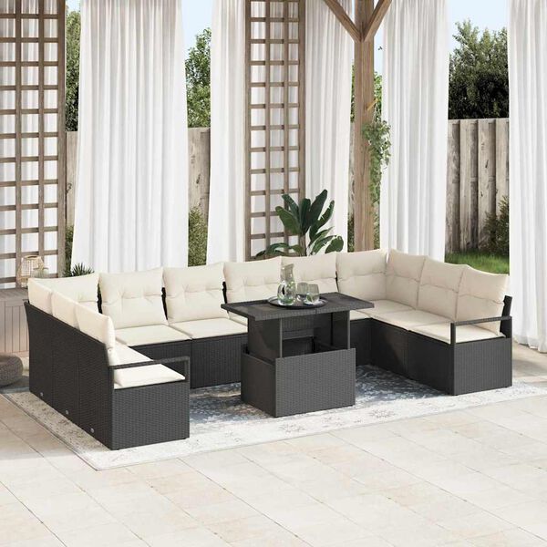 vidaXL Conjunto de sof&aacute; de jard&iacute;n 11 pcs Negro y crema rat&aacute;n sint&eacute;tico