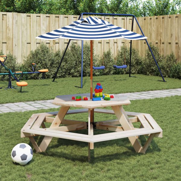 vidaXL Mesa de picnic hexagonal 6 ni&ntilde;os agujero sombrilla madera abeto