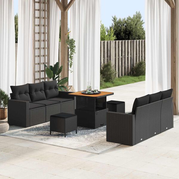 vidaXL Conjunto de sof&aacute; de jard&iacute;n 9 pcs Negro rat&aacute;n sint&eacute;tico