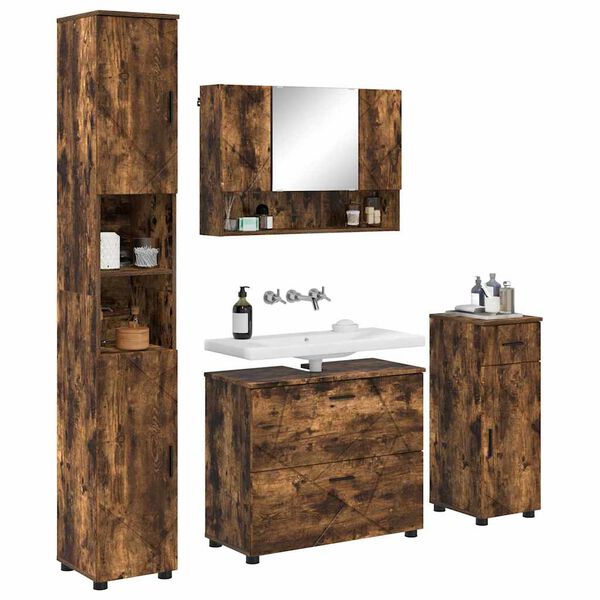 vidaXL Juego de muebles de ba&ntilde;o con caj&oacute;n 4 pcs Roble ahumado