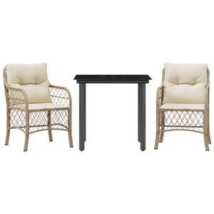 vidaXL Sillas y mesita de jard&iacute;n 3 piezas rat&aacute;n sint&eacute;tico coj&iacute;n beige