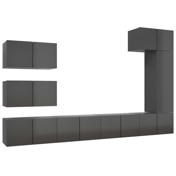 vidaXL Muebles de TV de sal&oacute;n 8 pzas madera de ingenier&iacute;a gris brillo