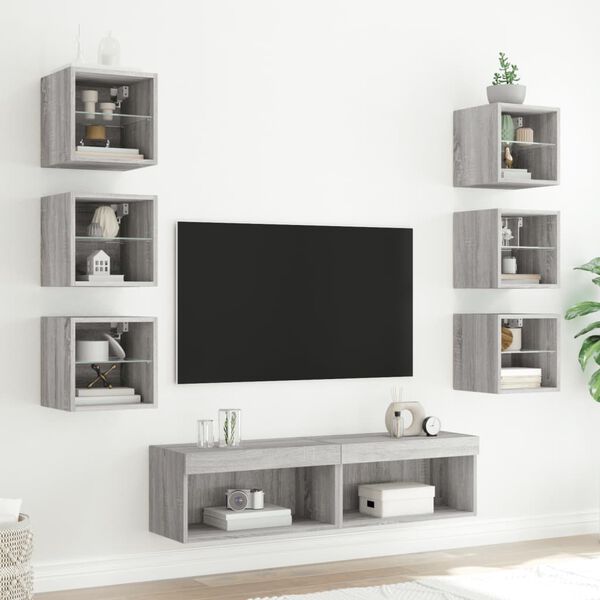 vidaXL Muebles TV pared con LED 8 pzas madera ingeniería gris Sonoma