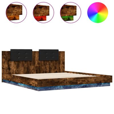 vidaXL Estructura de cama cabecero luces LED roble ahumado 180x200 cm