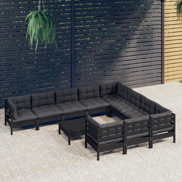 vidaXL Muebles de jard&iacute;n 11 pzas y cojines negro madera de pino