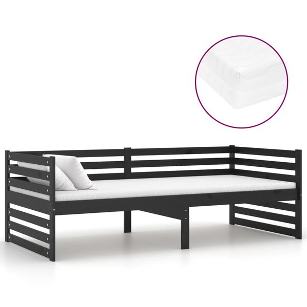 vidaXL Sof&aacute; cama con colch&oacute;n madera de pino maciza negro 90x200 cm