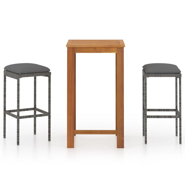 vidaXL Set de bar para jard&iacute;n 3 piezas y cojines rat&aacute;n sint&eacute;tico gris