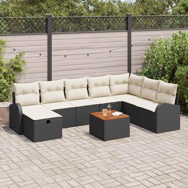 vidaXL Conjunto de sof&aacute; de jard&iacute;n con coj&iacute;n 9 pcs Negro Polirat&aacute;n