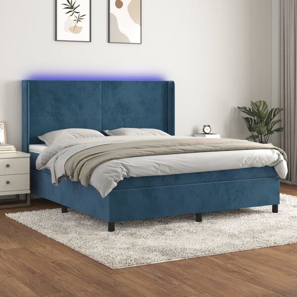 vidaXL Cama box spring colch&oacute;n y LED terciopelo azul oscuro 180x200 cm