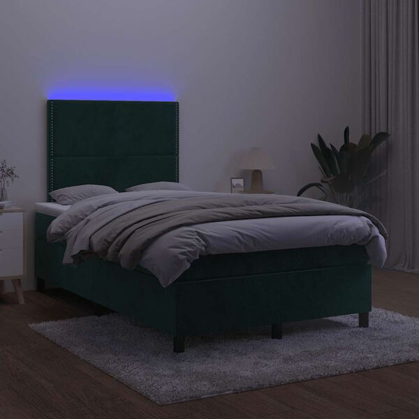 vidaXL Cama box spring colch&oacute;n y LED terciopelo verde oscuro 120x200cm