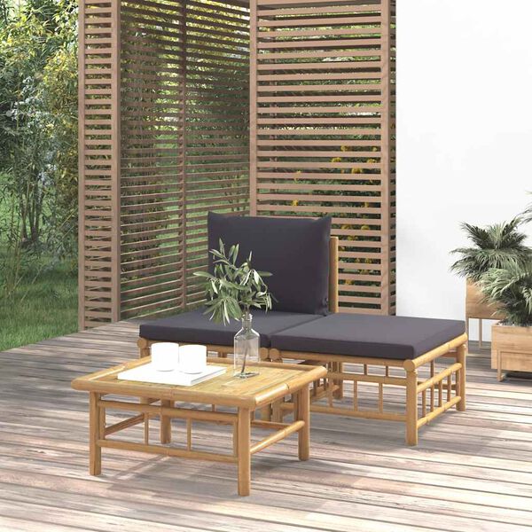vidaXL Set de muebles de jardín 3 piezas bambú con cojines gris oscuro