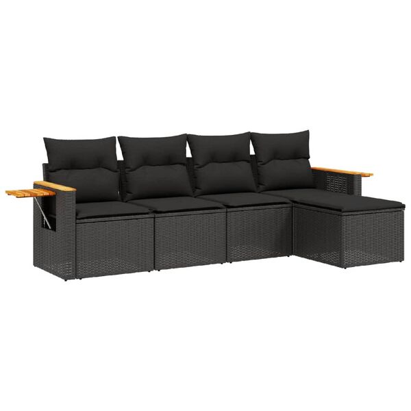 vidaXL Set de muebles de jard&iacute;n 5 pzas y cojines rat&aacute;n sint&eacute;tico negro