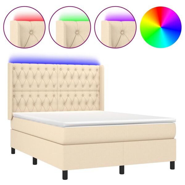 vidaXL Cama box spring colch&oacute;n y luces LED tela crema 140x190 cm