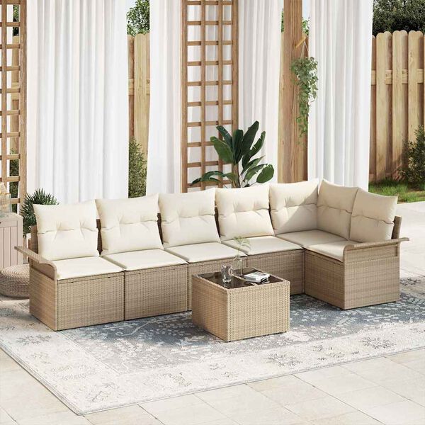 vidaXL Conjunto de sof&aacute; de jard&iacute;n 7 pcs Beige rat&aacute;n sint&eacute;tico