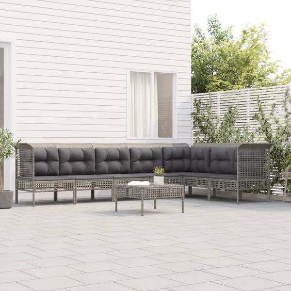 vidaXL Set de muebles de jard&iacute;n 8 pzas y cojines rat&aacute;n sint&eacute;tico gris