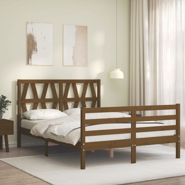 vidaXL Estructura cama y cabecero madera maciza marr&oacute;n miel 140x190 cm