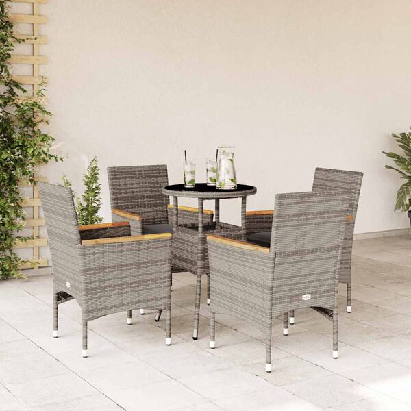 vidaXL Set comedor jard&iacute;n 5 pzas y cojines rat&aacute;n sint&eacute;tico vidrio gris