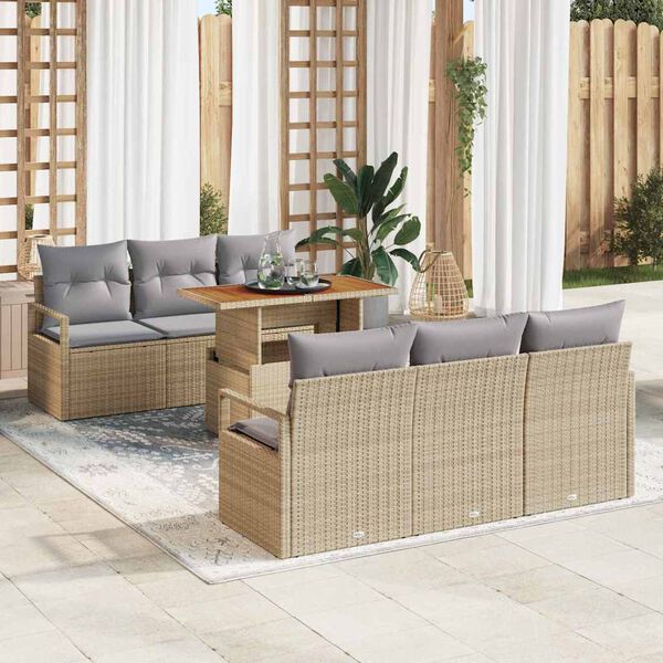 vidaXL Conjunto de sof&aacute; de jard&iacute;n 7 pcs Beige Polirat&aacute;n