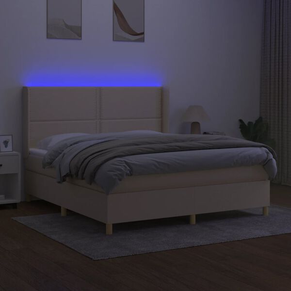 vidaXL Cama box spring colch&oacute;n y luces LED tela crema 180x200 cm