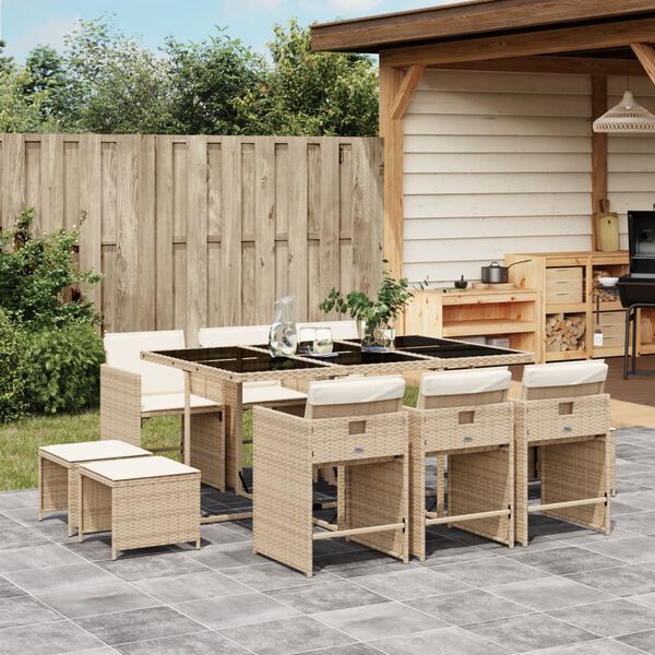 vidaXL Set comedor de jard&iacute;n 11 pzas con cojines rat&aacute;n sint&eacute;tico beige