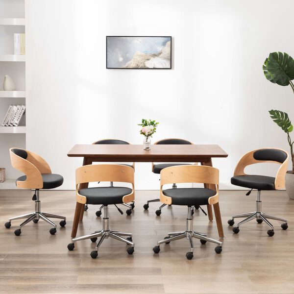 vidaXL Sillas de comedor giratorias 6 uds madera curvada y cuero negro