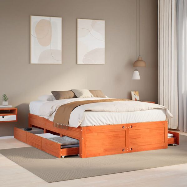 vidaXL Cama sin colch&oacute;n con cajones madera de pino marr&oacute;n 140x190 cm