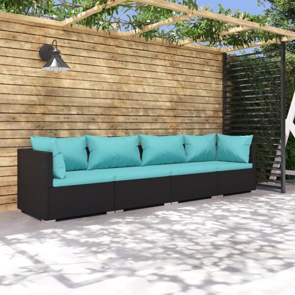 vidaXL Set de muebles de jard&iacute;n 4 pzas y cojines rat&aacute;n sint&eacute;tico negro