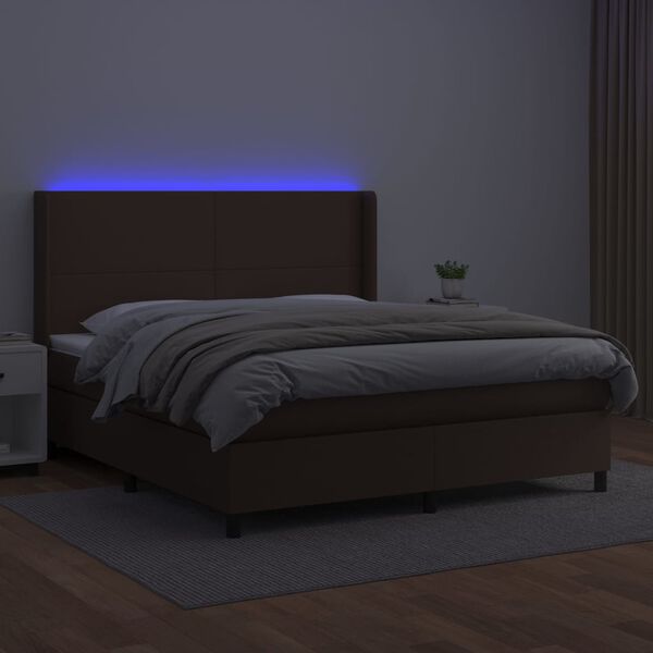 vidaXL Cama box spring colch&oacute;n y LED cuero sint&eacute;tico marr&oacute;n 180x200 cm