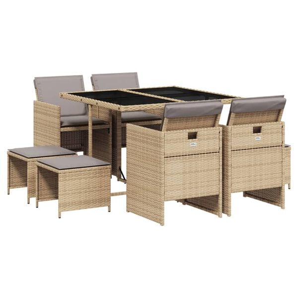 vidaXL Set comedor de jard&iacute;n 9 pzas con cojines rat&aacute;n sint&eacute;tico beige