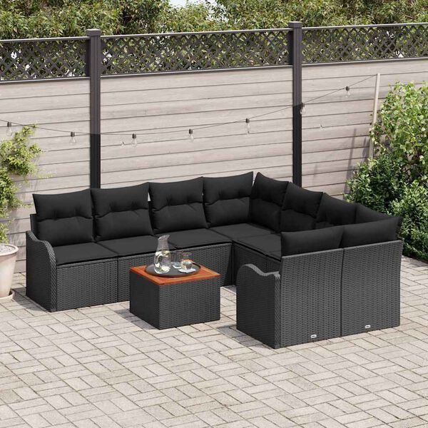 vidaXL Conjunto de sof&aacute;s de jard&iacute;n 9 pcs Negro rat&aacute;n sint&eacute;tico