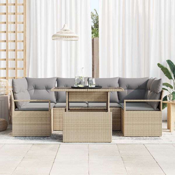 vidaXL Conjunto de sof&aacute; de jard&iacute;n 7 pcs Beige Polirat&aacute;n