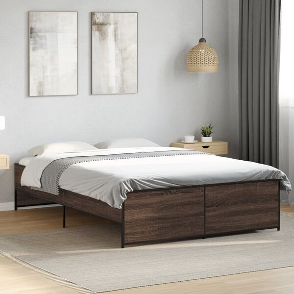vidaXL Estructura cama madera ingenier&iacute;a metal marr&oacute;n roble 135x190 cm