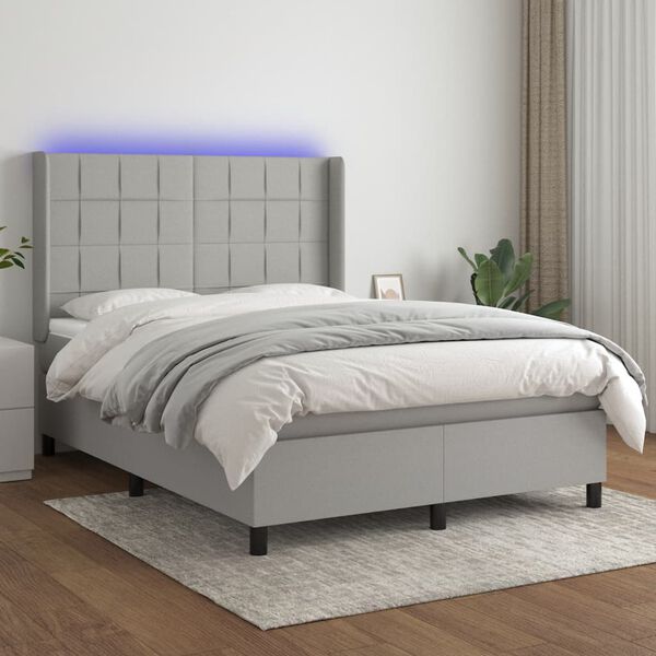 vidaXL Cama box spring colch&oacute;n y luces LED tela gris claro 140x190 cm