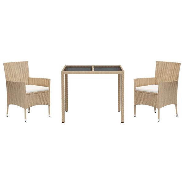 vidaXL Set comedor de jard&iacute;n 3 pzas con cojines rat&aacute;n sint&eacute;tico beige