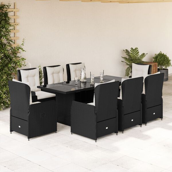 vidaXL Set de comedor de jard&iacute;n 9 pzas y cojines rat&aacute;n sint&eacute;tico negro