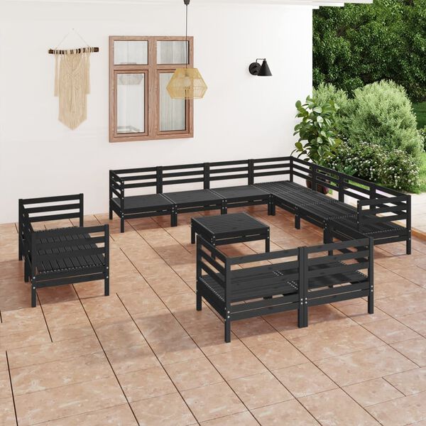 vidaXL Juego de muebles de jard&iacute;n 12 pzas madera maciza de pino negro