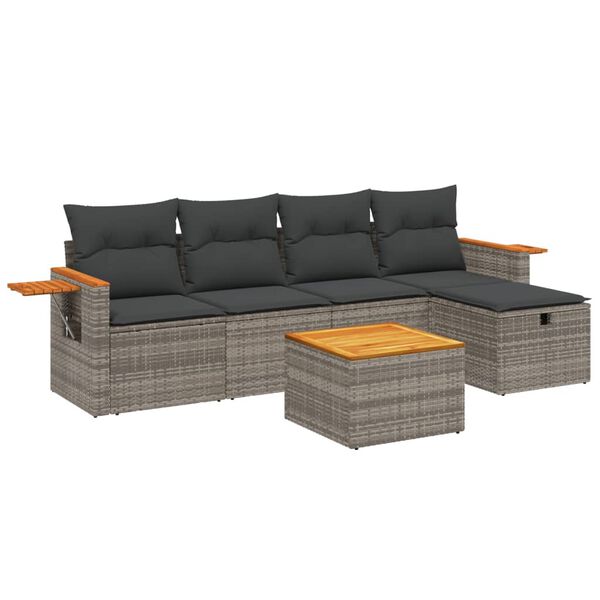 vidaXL Set de muebles de jard&iacute;n 6 pzas y cojines rat&aacute;n sint&eacute;tico gris
