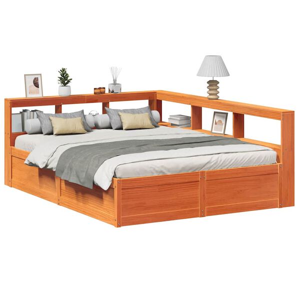 vidaXL Cama con estanter&iacute;a sin colch&oacute;n madera maciza marr&oacute;n 160x200 cm
