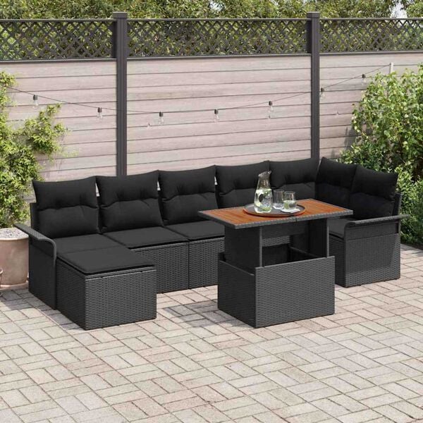 vidaXL Conjunto de sof&aacute; de jard&iacute;n 8 pcs Negro Polirat&aacute;n